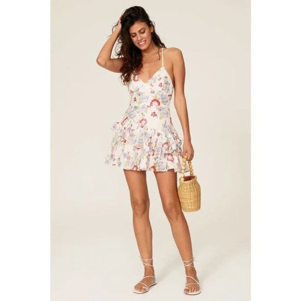LoveShackFancy White V-Neck Floral Ruffle Mini Dress